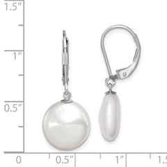 Sterling Silver Rhodium-plated Polished White 12-13mm Coin Freshwater Cultured Pearl Leverback Dangle Earrings