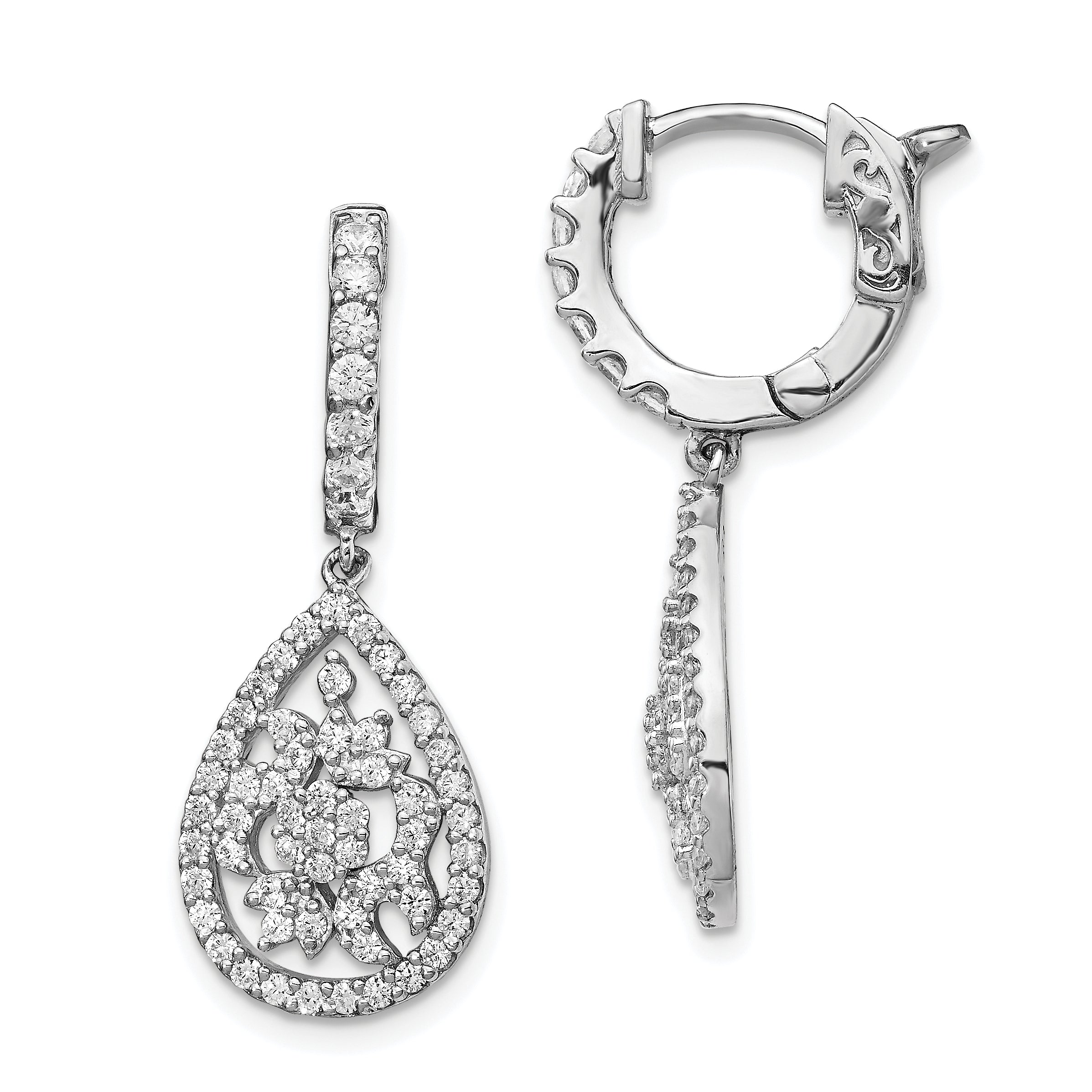 Sterling Shimmer Sterling Silver Rhodium-plated 126 Stone CZ Teardrop Dangle Hinged Hoop Earrings
