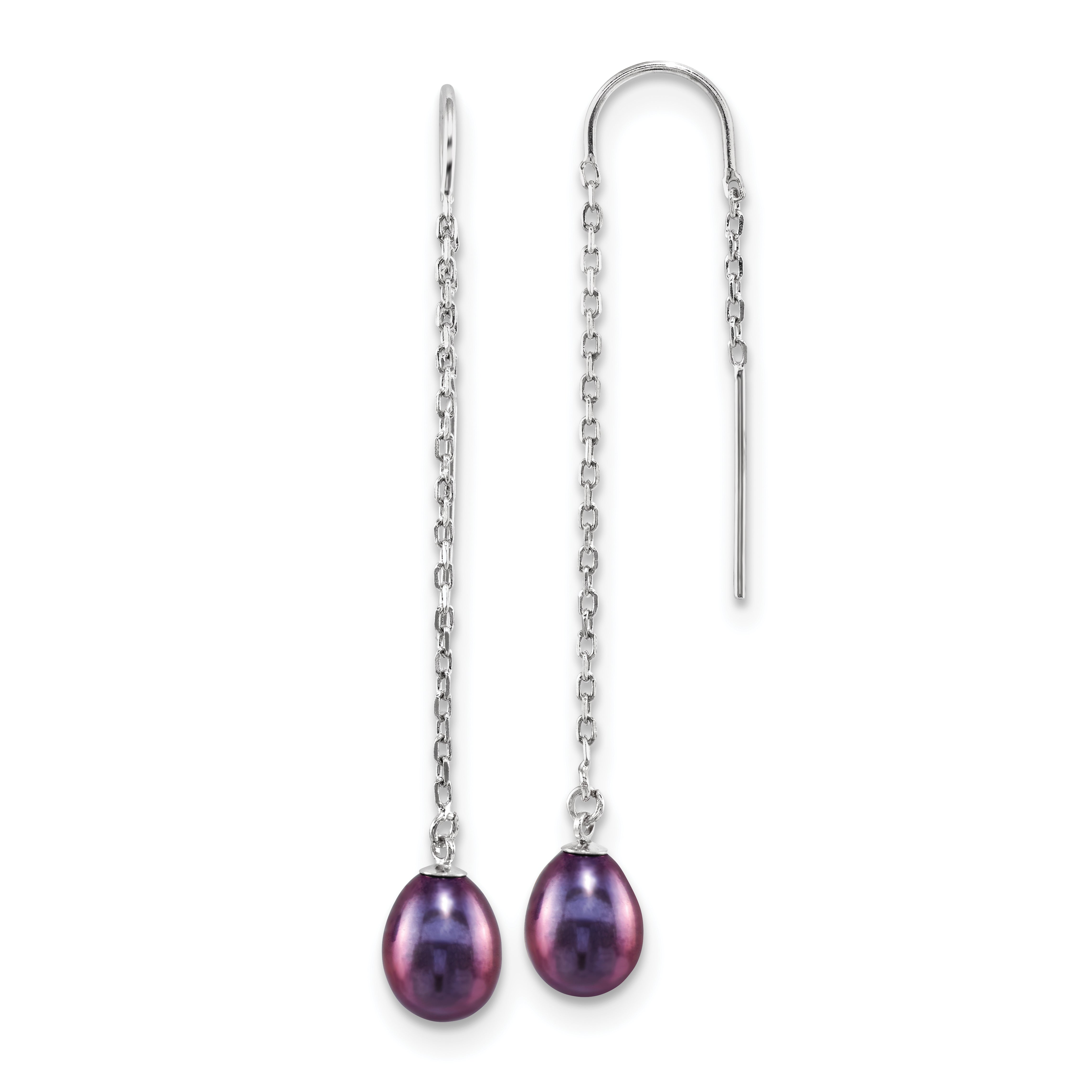 Sterling Silver Rhodium-plated Polished 7-8mm Black Freshwater Cultured Pearl Threader Earrings