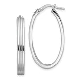 Sterling Silver Rhod-plated Polished & Striped 4mm Oval Hoop Earrings