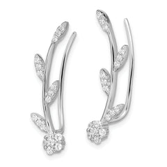 Sterling Silver Rhodium-plated Polished CZ Flower w/Stem Ear Climber Earrin
