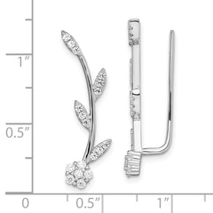 Sterling Silver Rhodium-plated Polished CZ Flower w/Stem Ear Climber Earrin