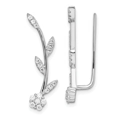 Sterling Silver Rhodium-plated Polished CZ Flower w/Stem Ear Climber Earrin