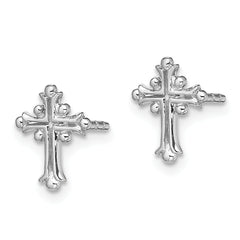 Sterling Silver RH-pltd Polished Textured Budded Cross Post Earrings