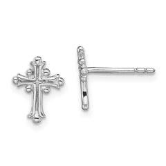 Sterling Silver RH-pltd Polished Textured Budded Cross Post Earrings