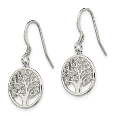 Sterling Silver Rhod-pltd CZ Tree of Life Dangle Shepherd Hook Earrings