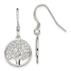 Sterling Silver Rhod-pltd CZ Tree of Life Dangle Shepherd Hook Earrings