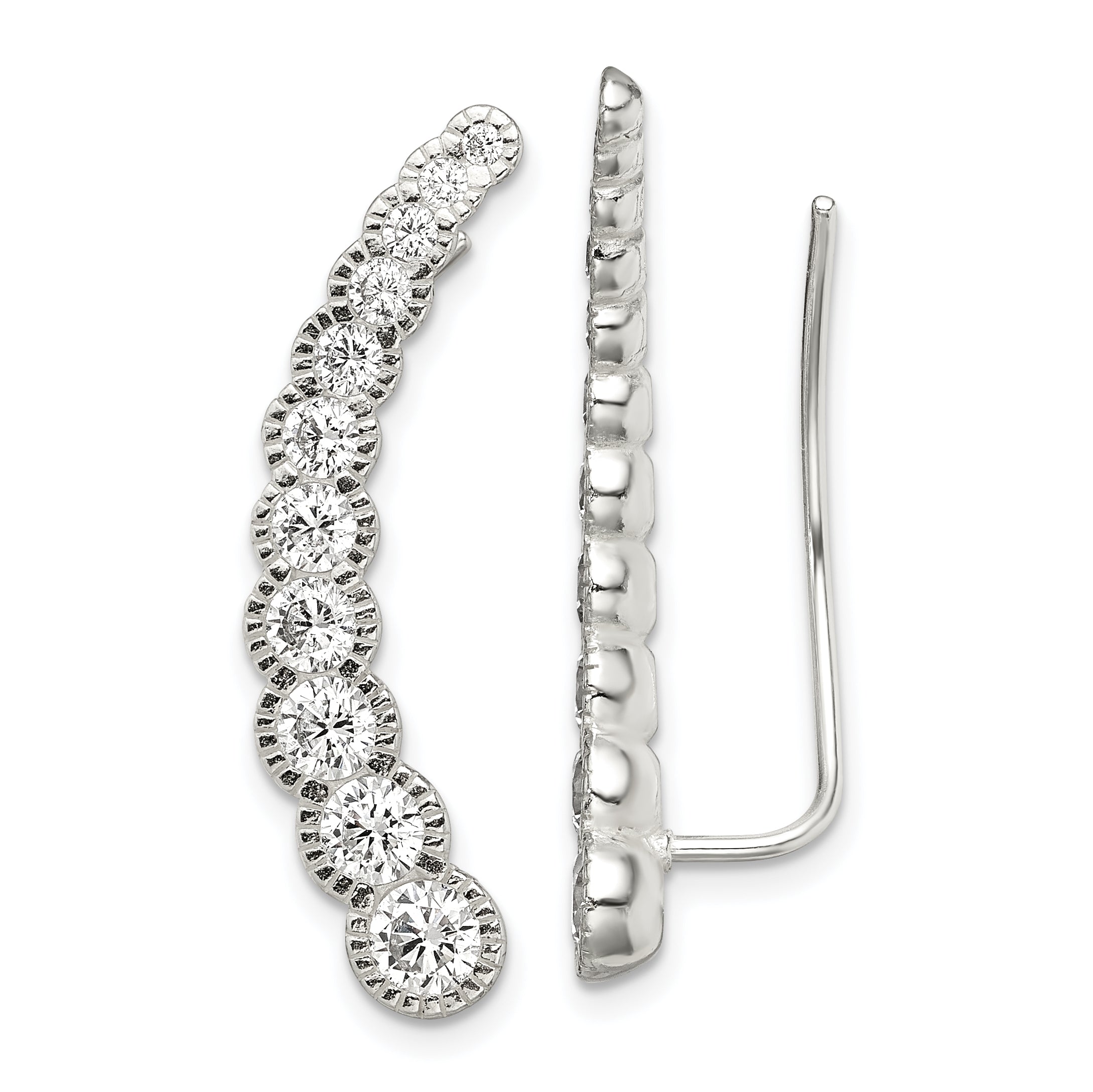 Sterling Silver Polished & Textured Graduated CZ Ear Climber Earrings