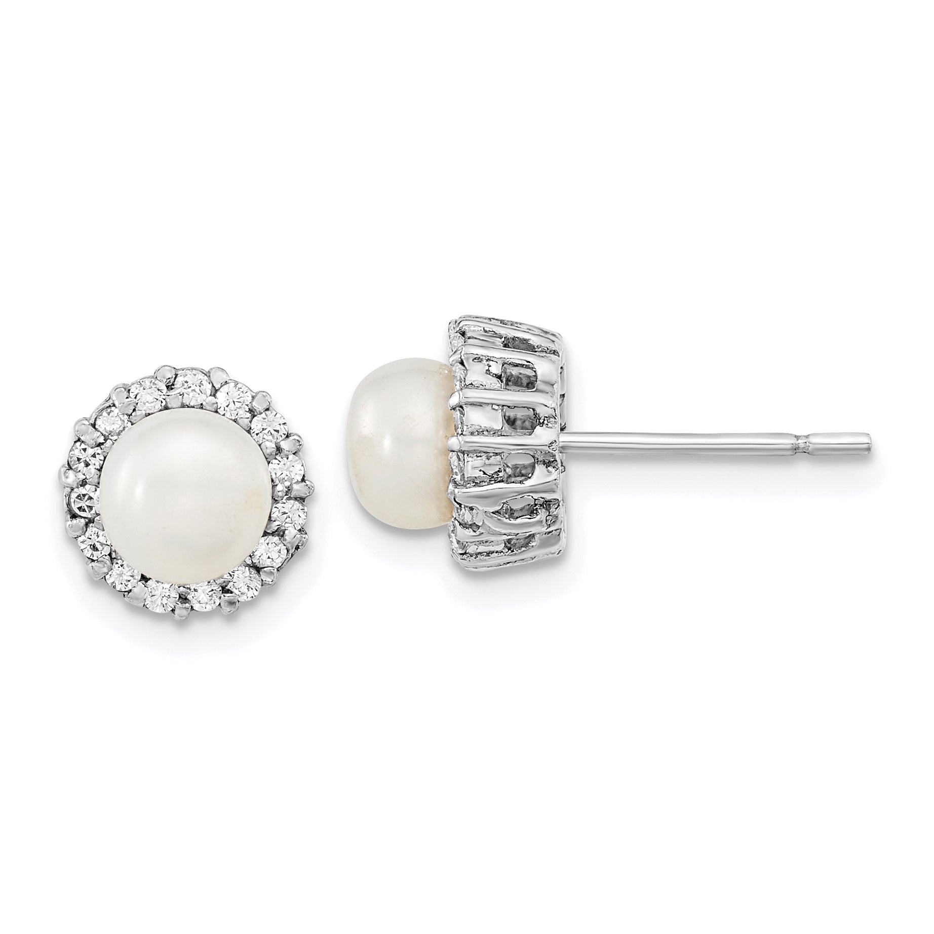 Sterling Silver Rhodium-plated CZ Synthetic Pearl Post Earrings