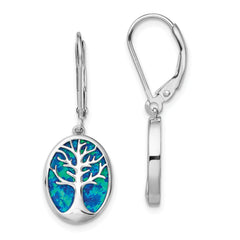 Sterling Silver Rhod-plated Creat Opal Tree of Life Leverback Earrings