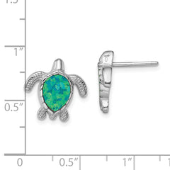Sterling Silver Rhodium-plated Green Created Opal Turtle Post Earrings