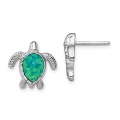 Sterling Silver Rhodium-plated Green Created Opal Turtle Post Earrings