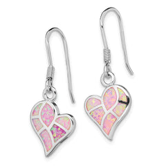 Sterling Silver Rhod-plated Creat. Pink Opal Heart Dangle Earrings