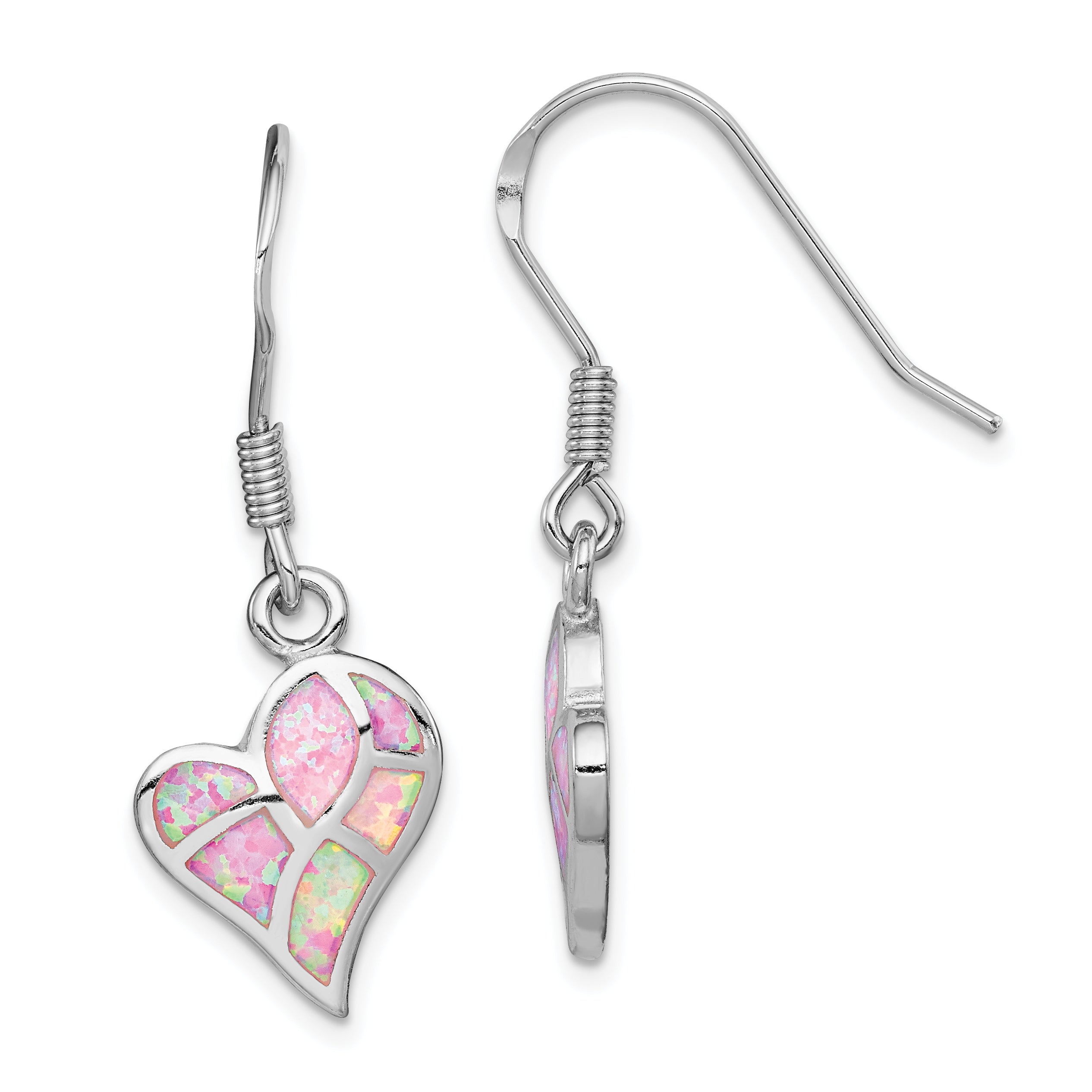 Sterling Silver Rhod-plated Creat. Pink Opal Heart Dangle Earrings