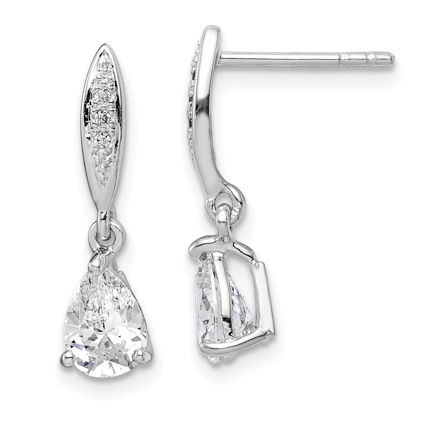 Sterling Silver Rhodium-plated Polished Pear CZ Post Dangle Earrings