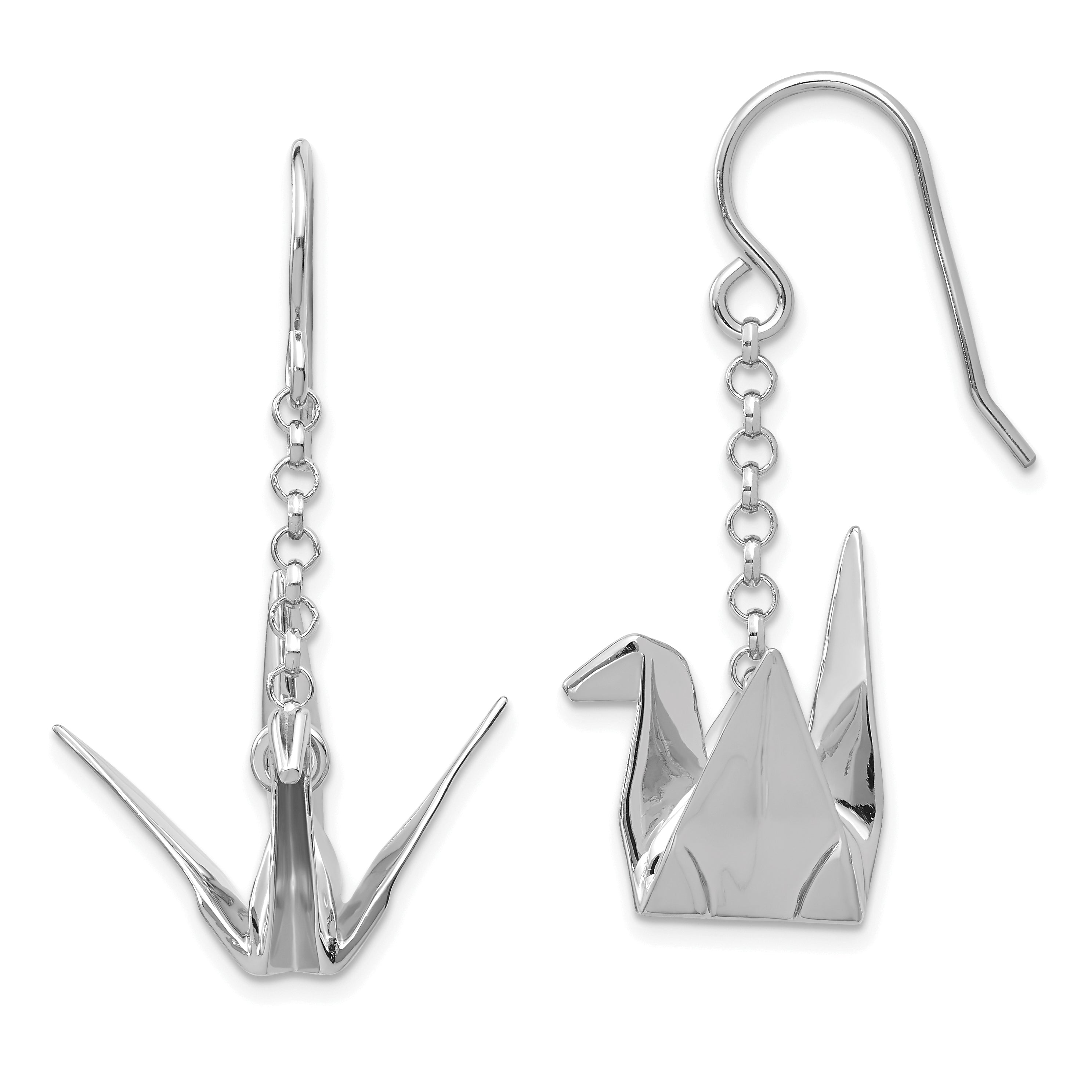 Sterling Silver Rhodium-plated Origami Crane Dangle Earrings