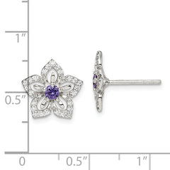 Sterling Silver Purple and Clear CZ Flower Post Earrings