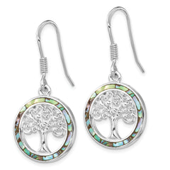 Sterling Silver Rhodium-plated Abalone Circle w/ Tree Dangle Earrings