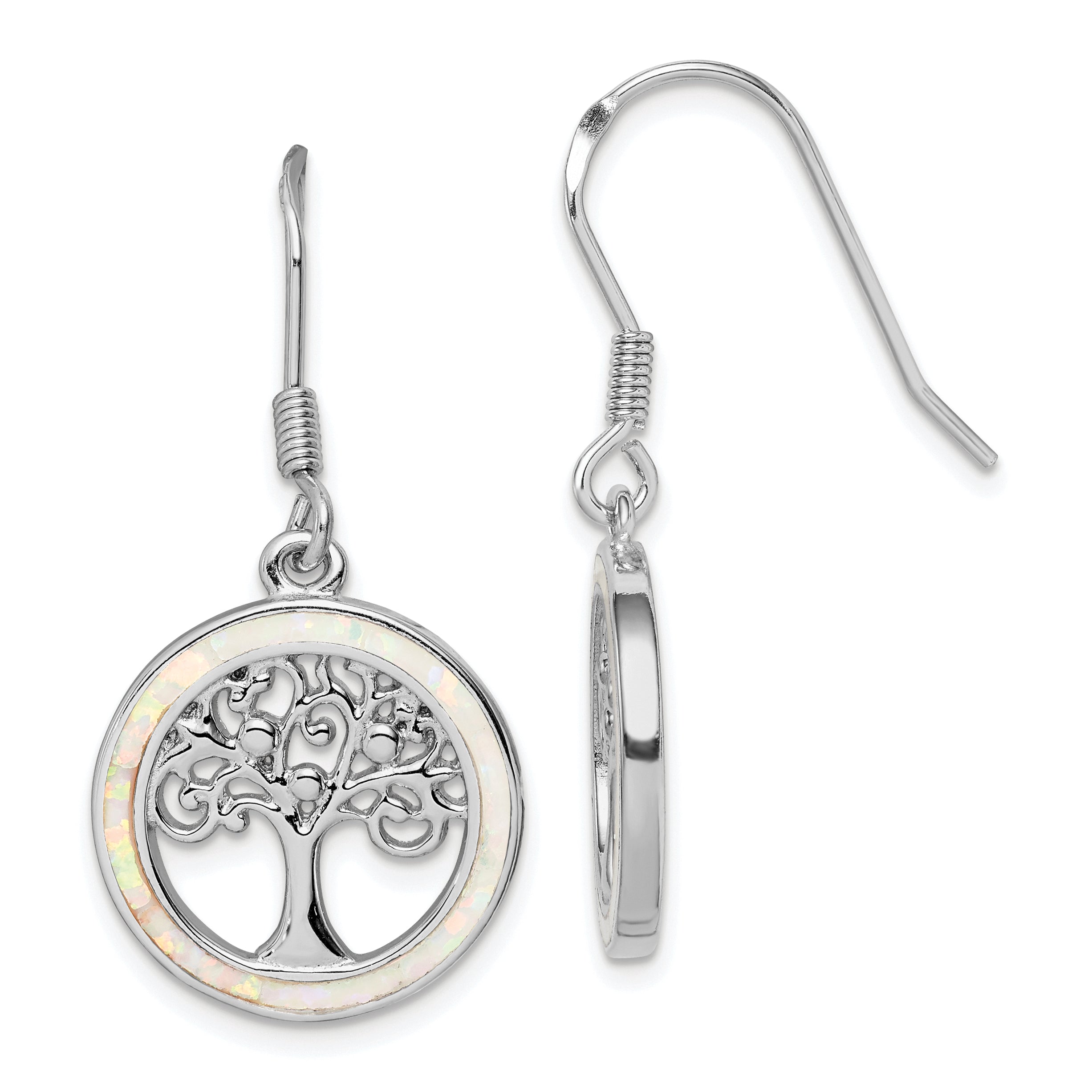 Sterling Silver Rhod-plated Creat Opal Circle w/ Tree Dangle Earrings