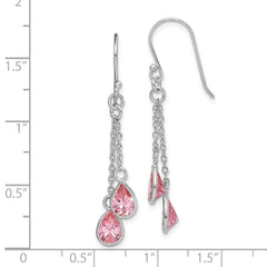 Sterling Silver RH-plated Multi-Strand Pink CZ Teardrop Dangle Earrings