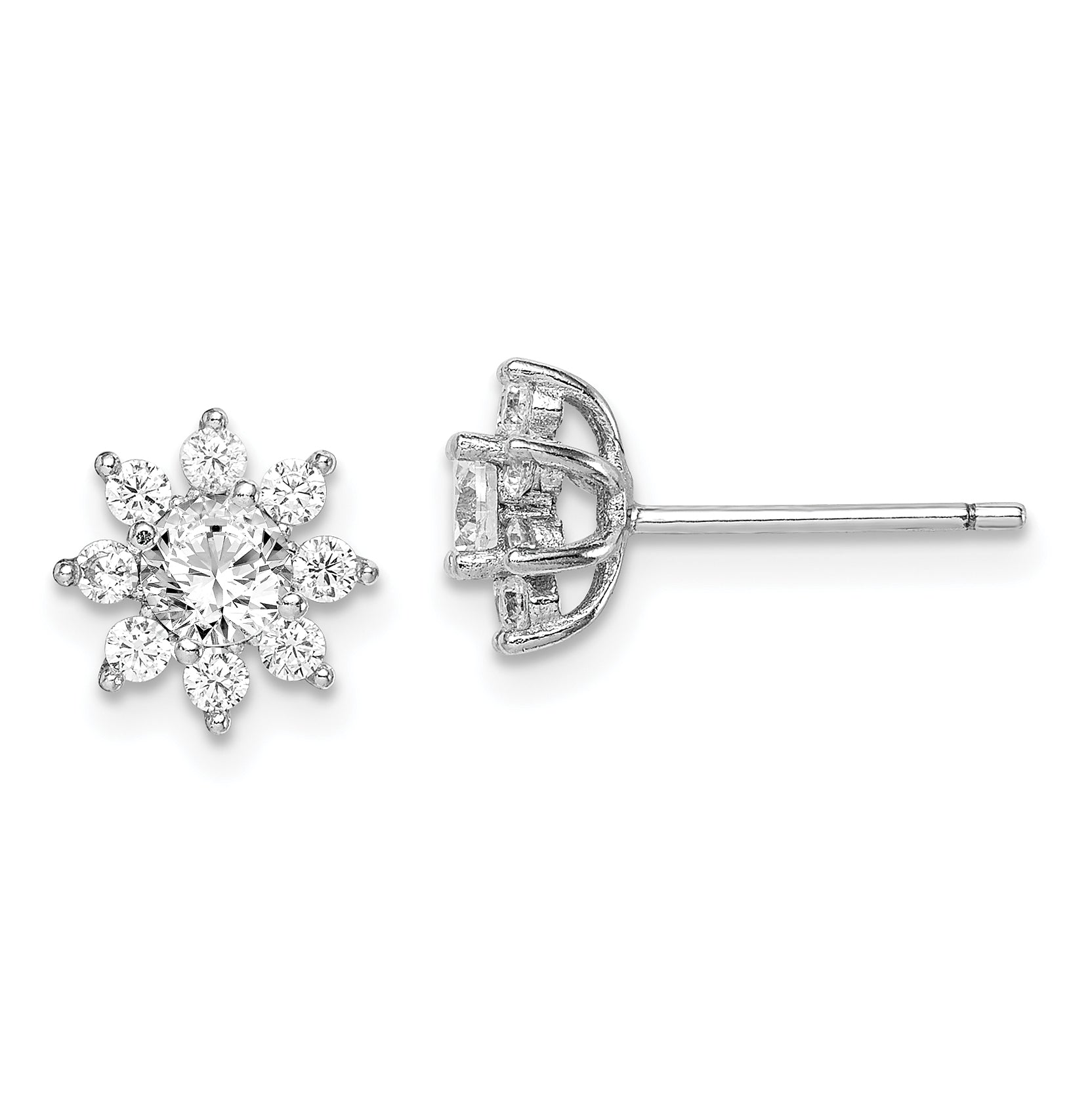 Sterling Silver Rhodium-plated Polished CZ Flower Post Earrings