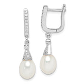 Sterling Silver Rhodium-plated 7-8mm White Rice FWC Pearl CZ Earrings