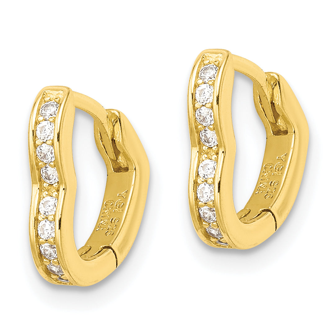 Sterling Silver Polished Gold-tone CZ Hinged Heart Shaped Hoop Earrings