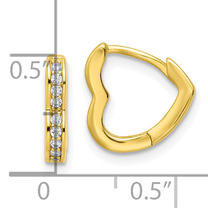 Sterling Silver Polished Gold-tone CZ Hinged Heart Shaped Hoop Earrings