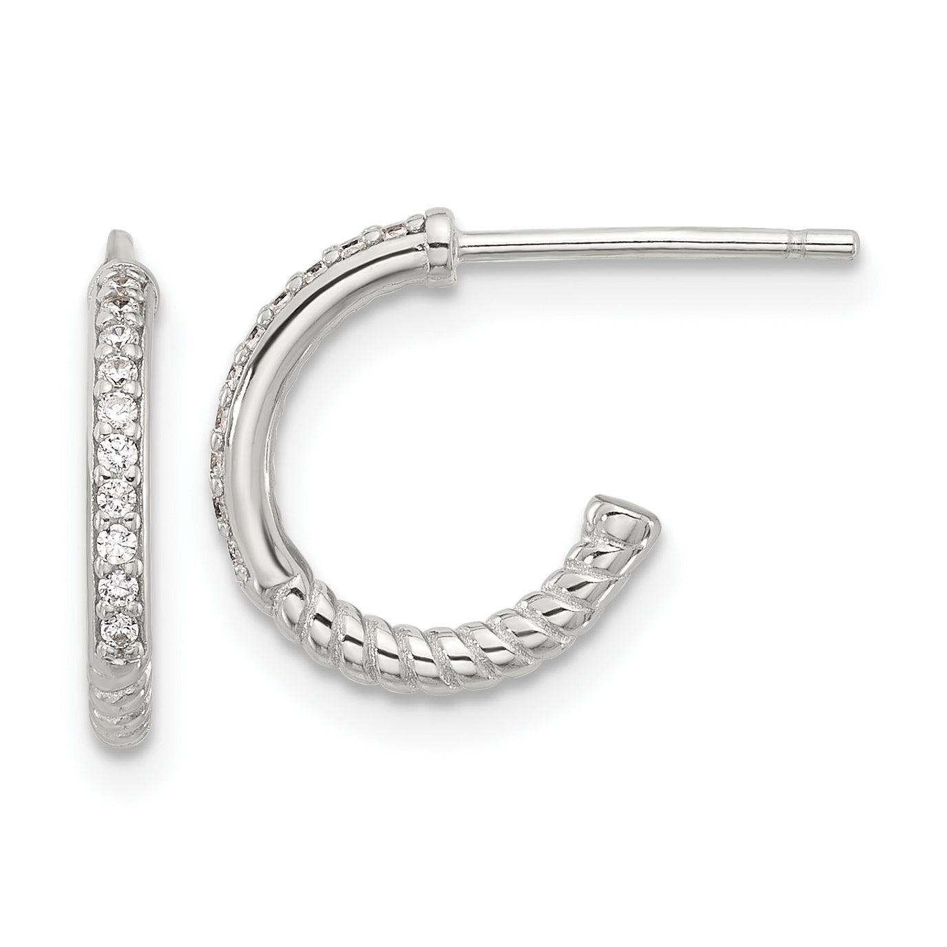 Sterling Silver Flash Platinum-plated Twisted CZ C Hoop Post Earrings