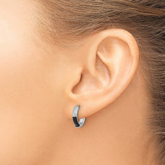 Sterling Silver Flash Platinum-plated CZ Black Enamel Hoop Earrings
