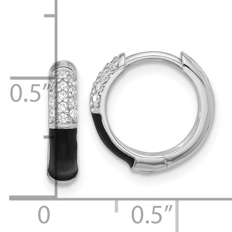 Sterling Silver Flash Platinum-plated CZ Black Enamel Hoop Earrings