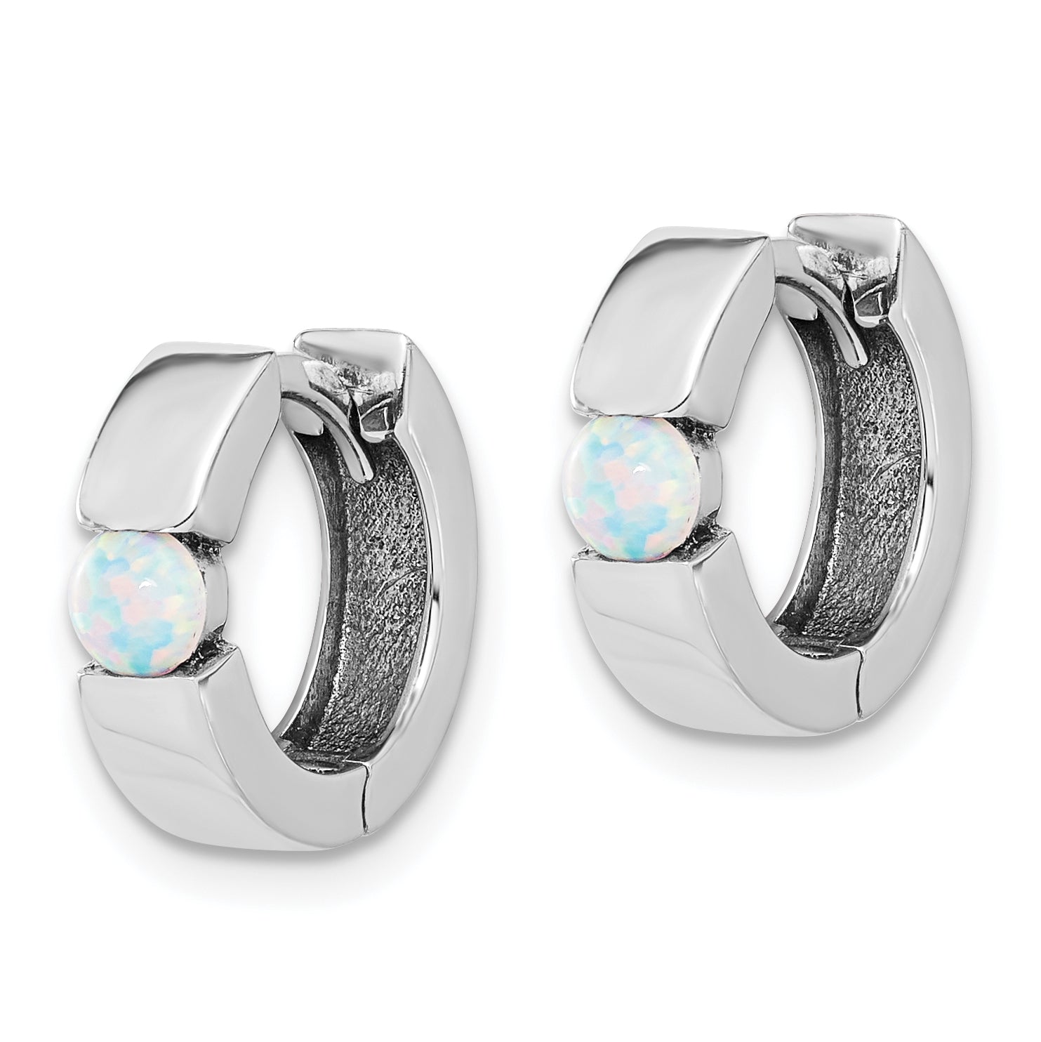 Sterling Silver RH-plated Polished Cr. Opal Hinged Round Hoop Earrings