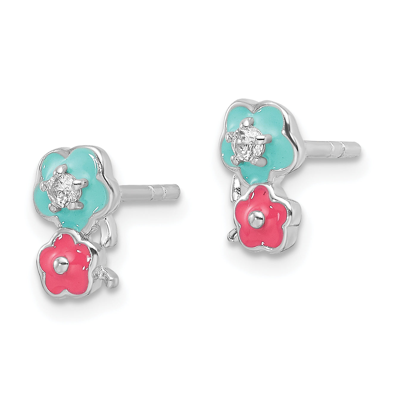 Sterling Silver RH-plated CZ & Enamel Flowers Children's Post Earrings