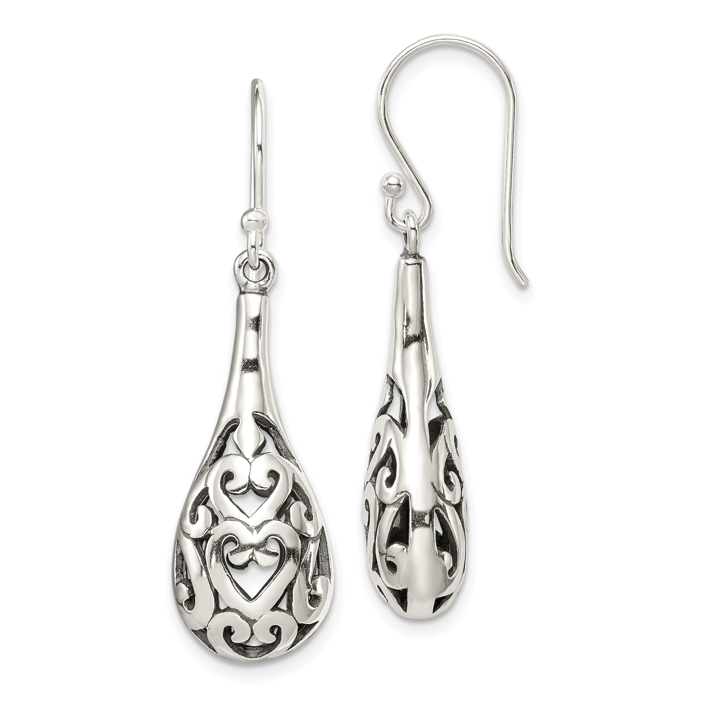 Sterling Silver Polished & Antiqued Filigree Heart Teardrop Dangle Earrings