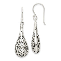 Sterling Silver Polished & Antiqued Filigree Heart Teardrop Dangle Earrings