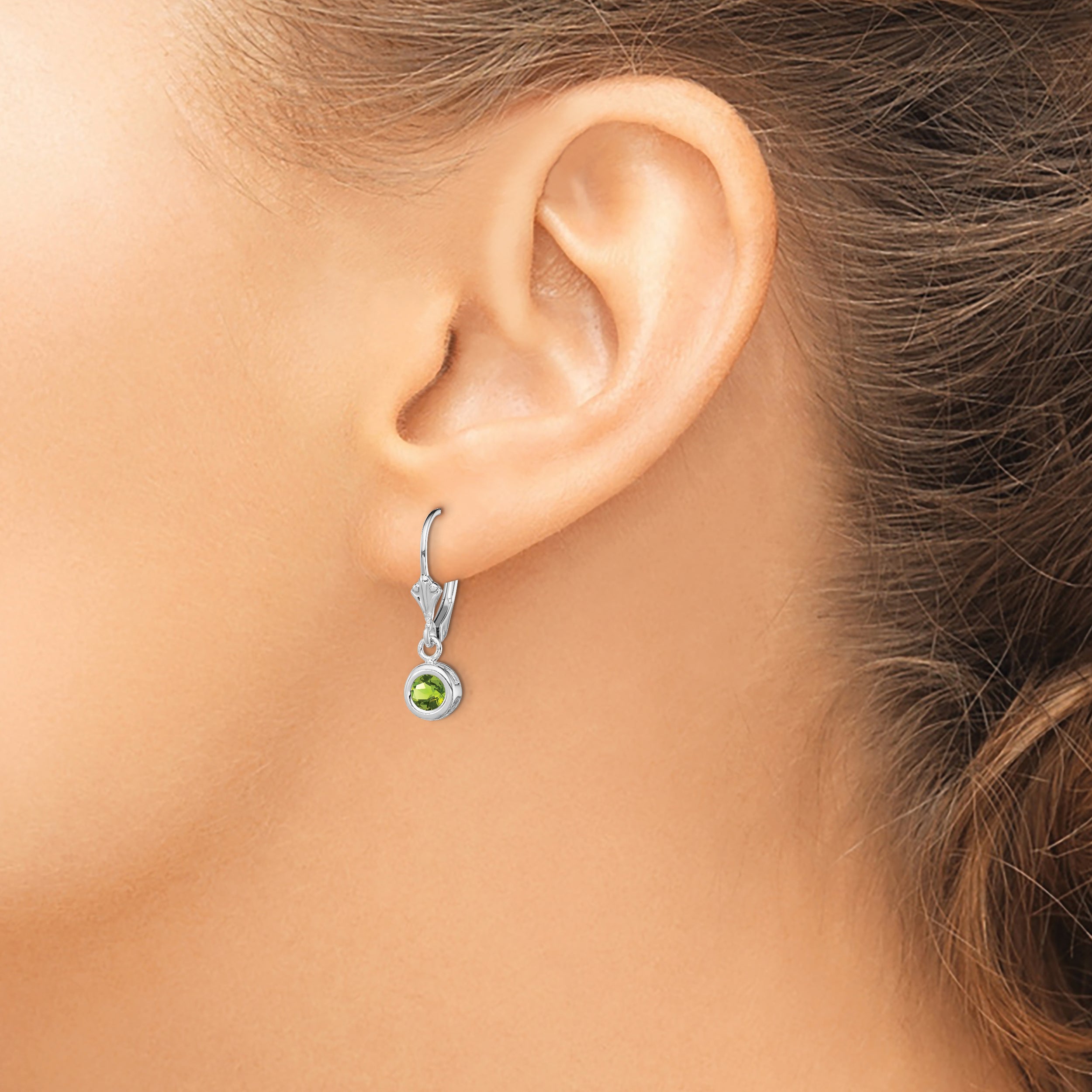 Sterling Silver Rhodium Plated 5mm Round Peridot Leverback Earrings