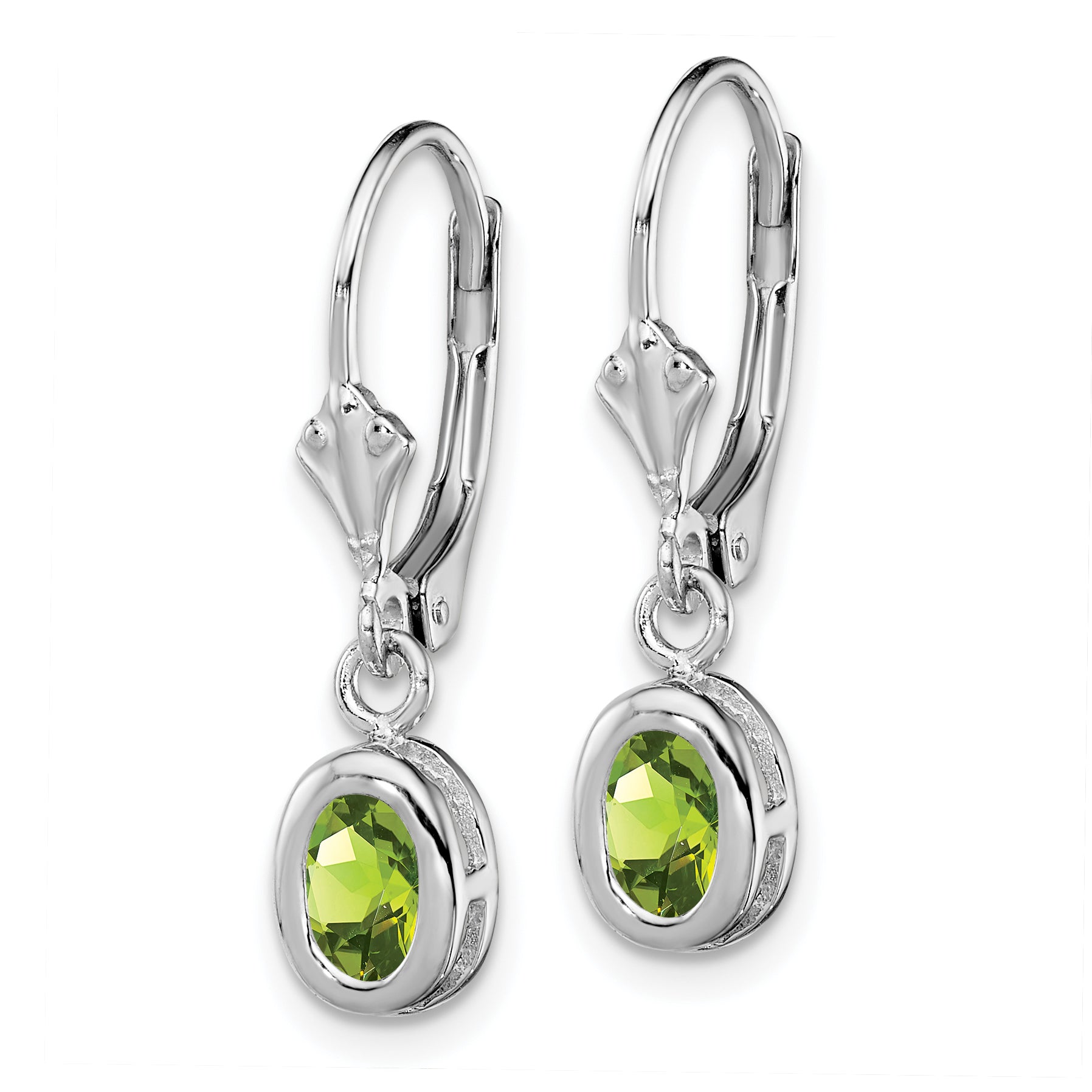 Sterling Silver Rhodium Plated 6x4mm Oval Peridot Leverback Earrings
