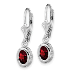 Sterling Silver Rhodium Plated 7x5mm Oval Garnet Leverback Earrings