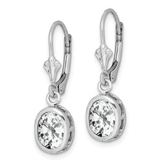 Sterling Silver Rhodium Plated 8x6mm Oval CZ Leverback Earrings