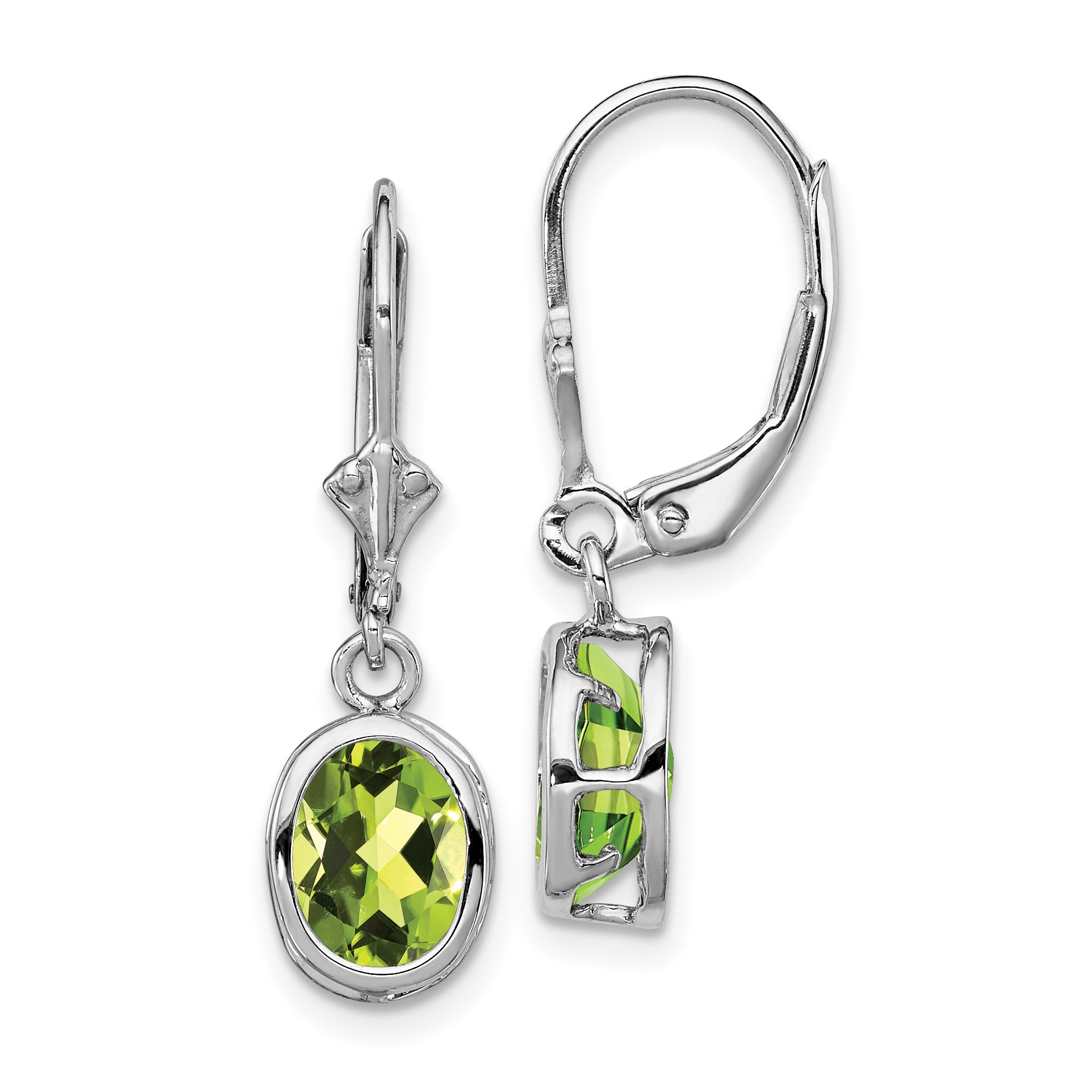 Sterling Silver Rhodium Plated 8x6mm Oval Peridot Leverback Earrings
