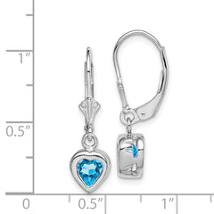 Sterling Silver Rhodium Plated 6mm Heart Blue Topaz Leverback Earrings