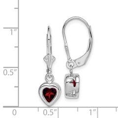 Sterling Silver Rhodium Plated 6mm Heart Garnet Leverback Earrings