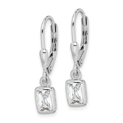 Sterling Silver Rhodium-plated Emerald-cut 6x4mm CZ Leverback Earrings