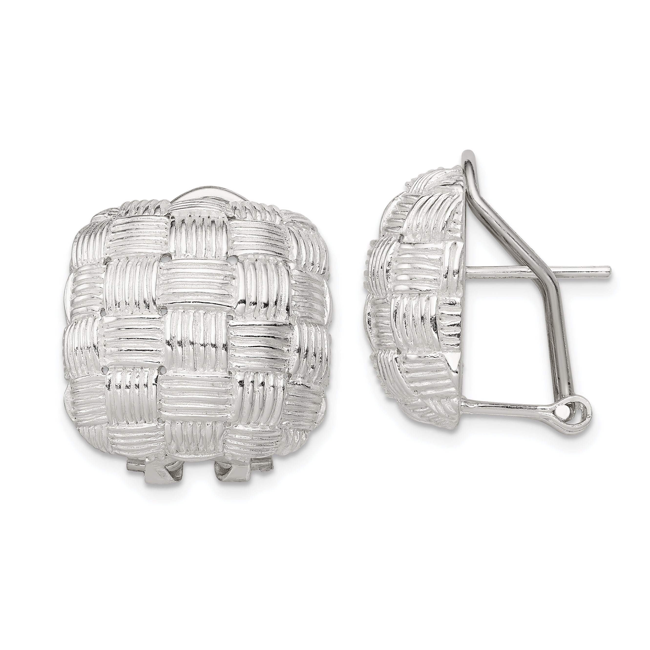 Sterling Silver Rhod-pltd Polished Woven Square Omega Back Earrings
