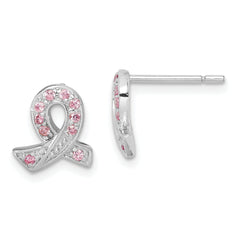 Sterling Silver Rhodium-plated Pink CZ Ribbon Earrings