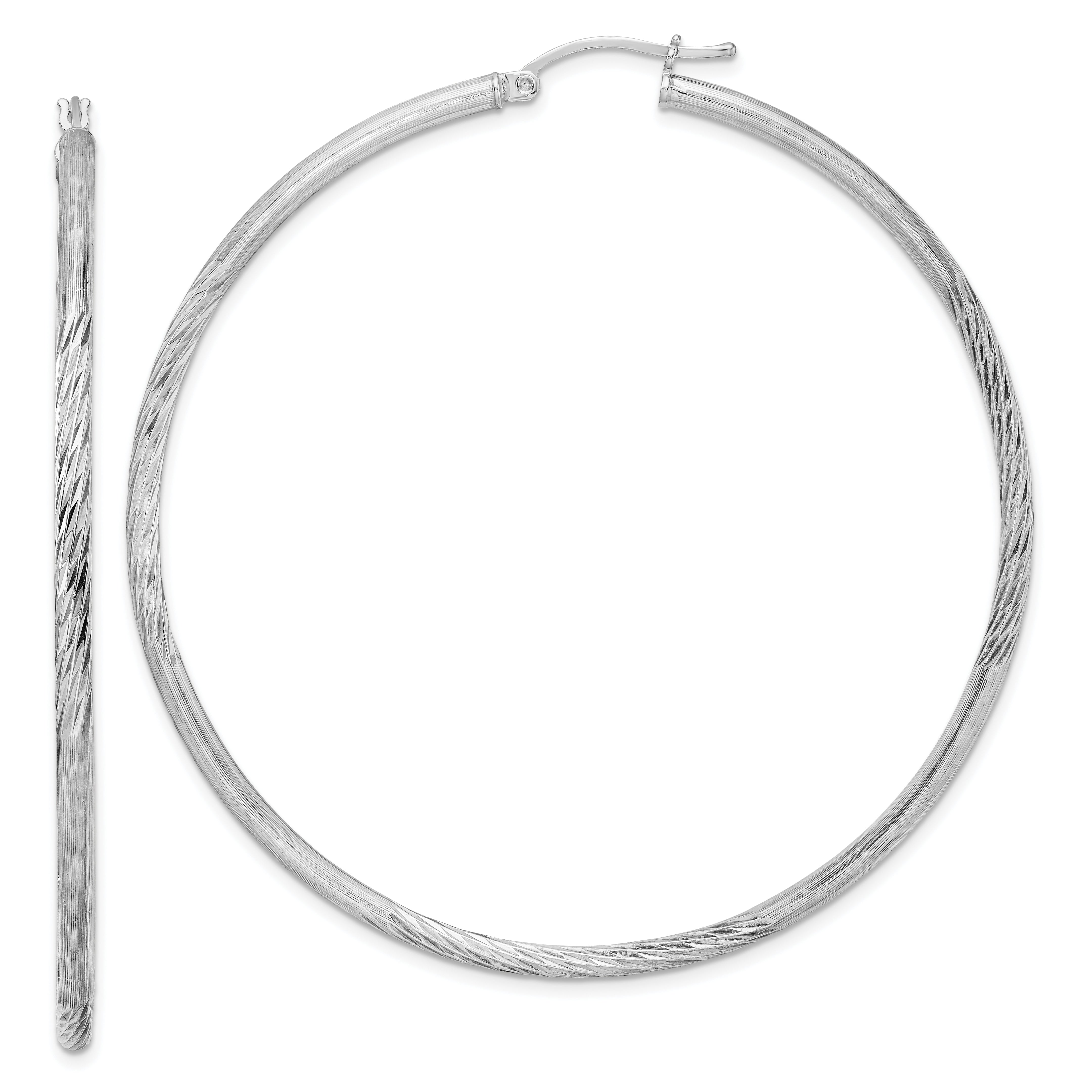 Sterling Silver Rhod-plated 2.5mm Polished/Satin Diamond-cut Hoop Earrings