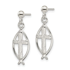Sterling Silver Polished Antiqued & Textured Ichthus & Cross Post Dangle Earrings