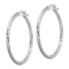 Sterling Silver Rhodium-plated 2mm Polished/Satin Diamond-cut Hoop Earrings
