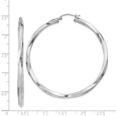 Sterling Silver Rhodium-plated 3x55mmTwisted Hoop Earrings