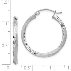 Sterling Silver RH-plated Satin Diamond-cut 2.5x25mm Twisted Hoop Earrings